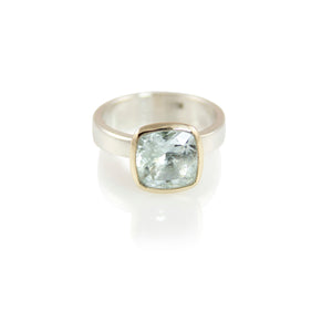 KenSuJewelry Bowl Ring with 14kt. Gold Border Aquamarine Square AAA 
