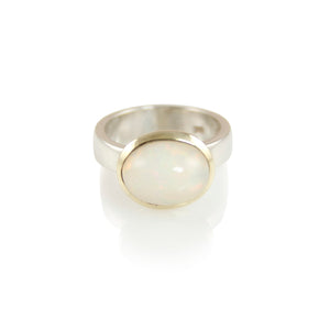 KenSuJewelry Bowl Ring with 14kt. Gold Border Fire Opal Oval Vertical 
