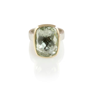 KenSuJewelry Bowl Ring with 14kt. Gold Border Green Amethyst Rectangular Vertical