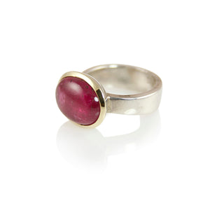 KenSuJewelry Bowl Ring with 14kt. Gold Border Pink Tourmaline Horizontal Oval 