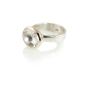 KenSujewelry Bowl Ring with 14kt. Gold Border with Oval Horizontal White Aquamarine 