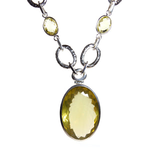 Necklace - Pendant Hammered Oval Link Chain Lemon Quartz Sterling Silver 21"