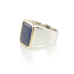 KenSuJewelry Diplomat Ring with 14kt. Gold Border and Vertical Rectangular Raw Blue Sapphire 