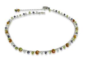 Mini Chain Necklace with Multi Colour Tourmaline & Opal Charm in Silver