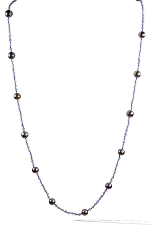 KenSuJewelry Necklace Iolite Handcut Disk Beads with Black Pearls