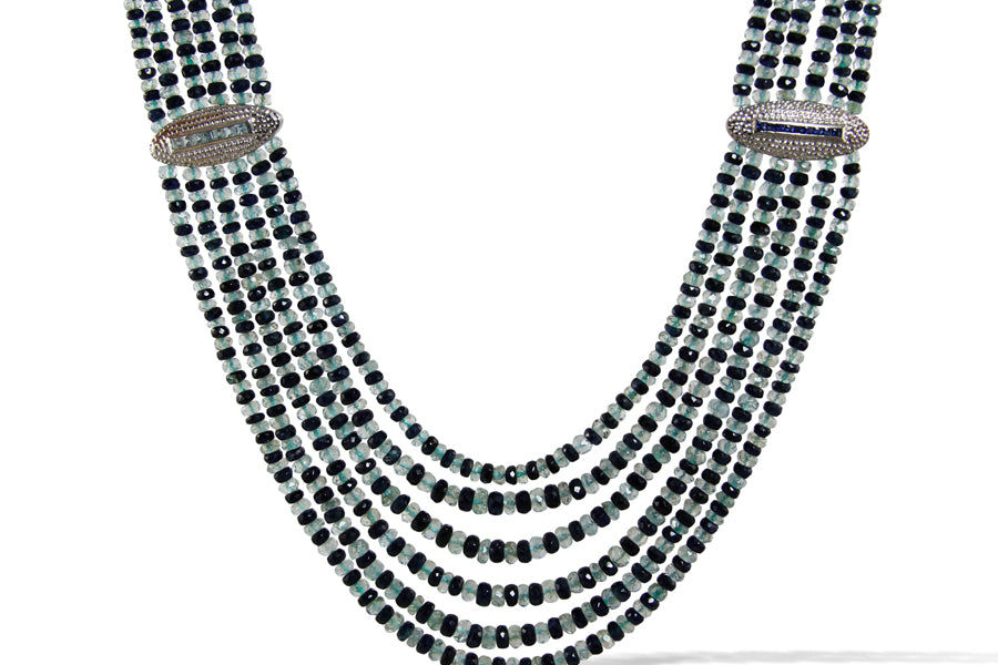 6 Line Aquamarine and Sapphire with Precious Stones Custome Made Spacer Front View