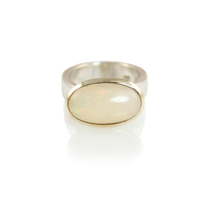 KenSuJewelry Bowl Ring with 14kt. Gold Border Fire Oval Horizontal Opal 