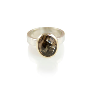 KenSuJewelry Bowl Ring with 14kt. Gold Border Golden Smokey Quartz Oval Vertical 