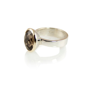 KenSuJewelry Bowl Ring with 14kt. Gold Border Golden Smokey Quartz Oval Vertical 