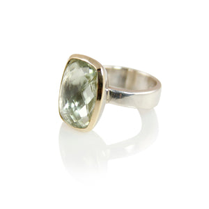 KenSuJewelry Bowl Ring with 14kt. Gold Border Green Amethyst Rectangular Vertical
