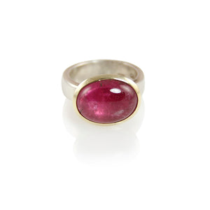 KenSuJewelry Bowl Ring with 14kt. Gold Border Pink Tourmaline Horizontal Oval 