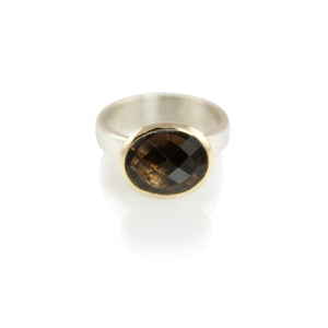 KenSuJewelry Bowl Ring with 14kt. Gold Border Smokey Quartz Oval Vertical 
