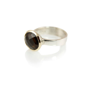 KenSuJewelry Bowl Ring with 14kt. Gold Border Smokey Quartz Oval Vertical 