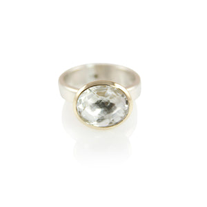 KenSujewelry Bowl Ring with 14kt. Gold Border with Oval Horizontal White Aquamarine 