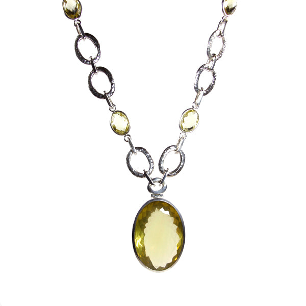 Necklace - Pendant Hammered Oval Link Chain Lemon Quartz Sterling Silver 21"