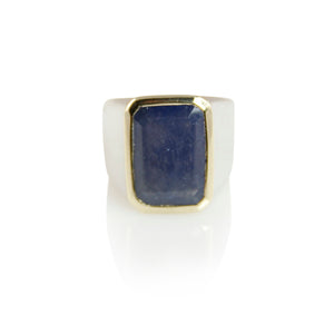 KenSuJewelry Diplomat Ring with 14kt. Gold Border and Vertical Rectangular Raw Blue Sapphire 