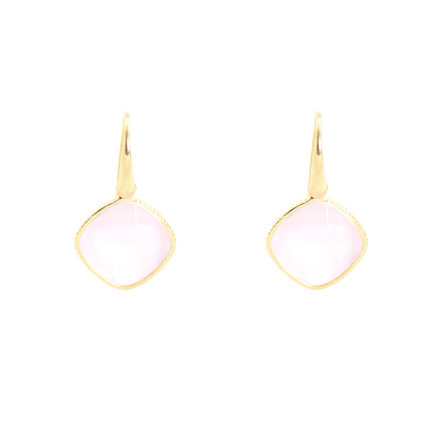 KenSu Jewelry Diamond Shape Dangle Earrings - with Rose Quartz Gold Plated Hand Made Jewelry