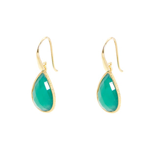 KenSu Jewelry Drop Earrings - with Green Agate Framed Gold Plated Hand Made Jewelry