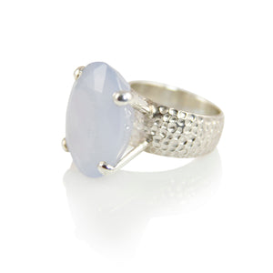 KenSuJewelry Hammered Prong Oval Vertical Blue Chalcedony Front