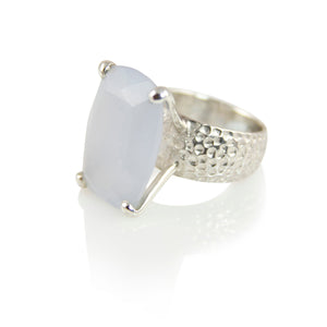 KenSuJewelry Hammered Prong Rectangular Vertical Blue Chalcedony 
