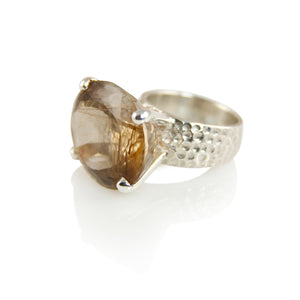 KenSuJewelry Hammered Prong Ring Dark Golden Rutile Round