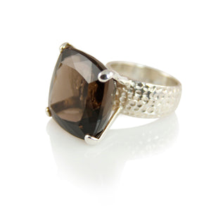 KenSuJewelry Hammered Prong Ring with Square Smokey Quartz 