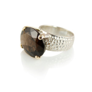 KenSuJewelry Hammered Prong with 14kt. Gold Tips and Smokey Quartz Oval Horizontal 