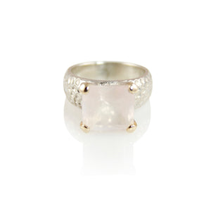 KenSuJewelry Hammered Rose Quartz Square & 14kt. Gold Prongs Front View