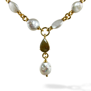 Necklace - Pearl & Links with Labradorite Stone Pendant Gold Plated Sterling Silver 18.5"