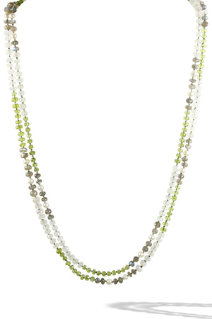 KenSuJewelry Necklace Labradorite, Rainbow Moonstone, Peridot Handcut Disk Beads and Fresh Water Pearls