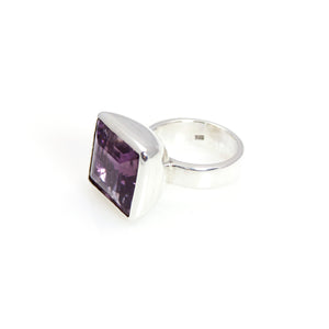 Ring - Bowl Amethyst Square Cut Stone Sterling Silver