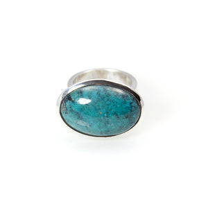 Ring - Bowl Tibetan Turquoise Oval Cabochon Cut Sterling Silver