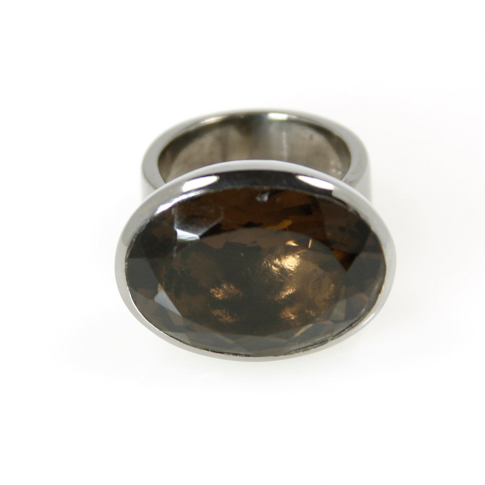 Ring - Bowl Smokey Quartz Oval Cut Ruthenium Plated Sterling Silver