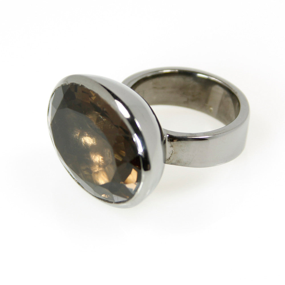 Ring - Bowl Smokey Quartz Oval Cut Ruthenium Plated Sterling Silver