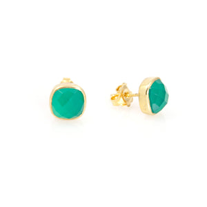 KenSu Jewelry Studs Earrings - with Green Agate and Gold Plated Hand Made Jewelry